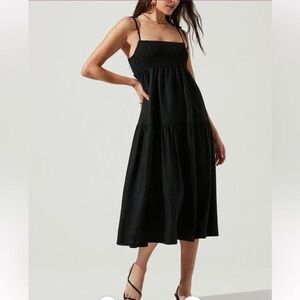 ASTR The Label Marlene Square Neck Smocked Linen Midi Dress - black - size small